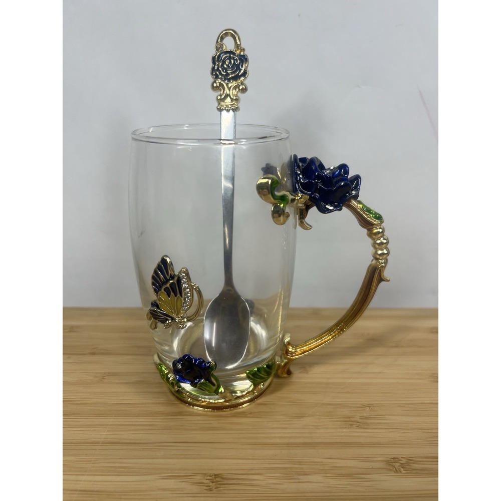 Decorative Glass Mug with Gold Floral Handle & Rose Spoon‎